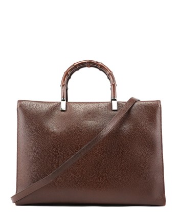 Brown Leather Bamboo 2-Way Tote brillant des détails fins