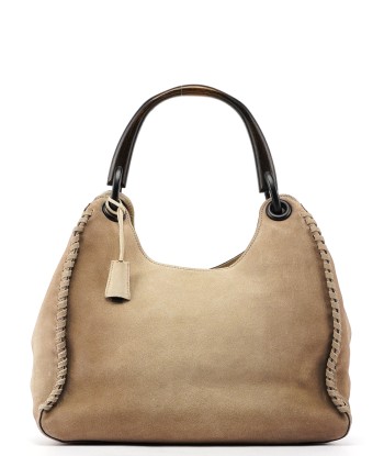 Beige Suede Wood Handle Shoulder Bag Amélioration de cerveau avec