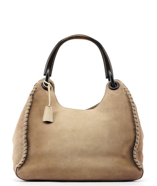 Beige Suede Wood Handle Shoulder Bag Amélioration de cerveau avec