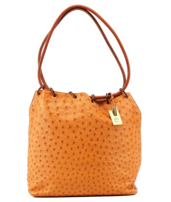 Cognac Ostrich Drawstring Shoulder Bag destockage