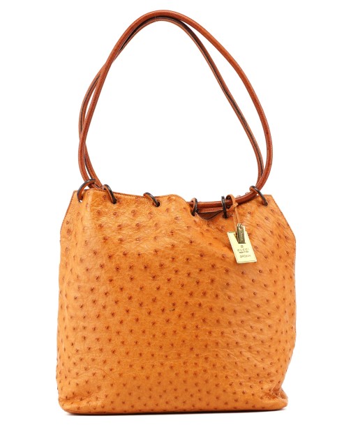 Cognac Ostrich Drawstring Shoulder Bag destockage