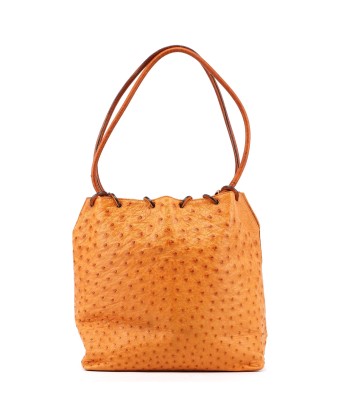 Cognac Ostrich Drawstring Shoulder Bag destockage